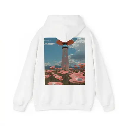 Surreal Mushroom Lighthouse Pink Flowers Field