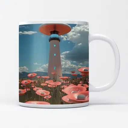 Surreal Mushroom Lighthouse Pink Flowers Field