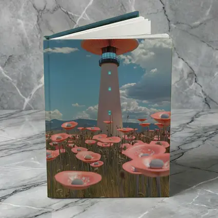 Surreal Mushroom Lighthouse Pink Flowers Field