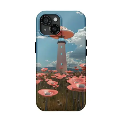 Surreal Mushroom Lighthouse Pink Flowers Field