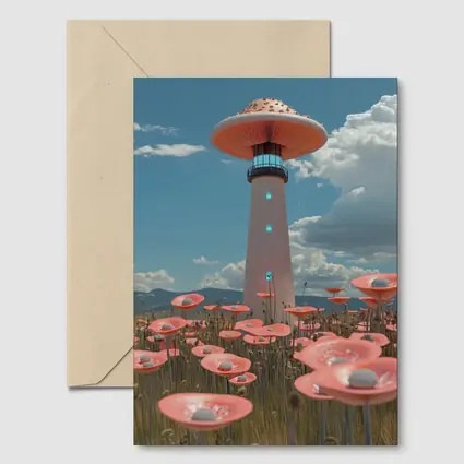 Surreal Mushroom Lighthouse Pink Flowers Field
