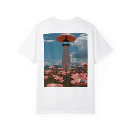 Surreal Mushroom Lighthouse Pink Flowers Field