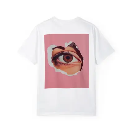 Brown Eye Peering Through Torn Pink Paper