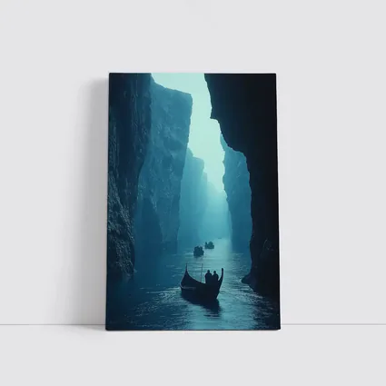 Misty Canyon River Boats Blue Fog