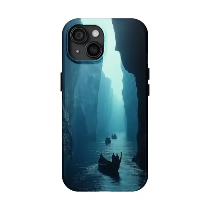 Misty Canyon River Boats Blue Fog