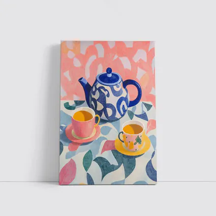Blue Teapot And Cups Colorful Pattern Art