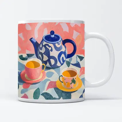 Blue Teapot And Cups Colorful Pattern Art