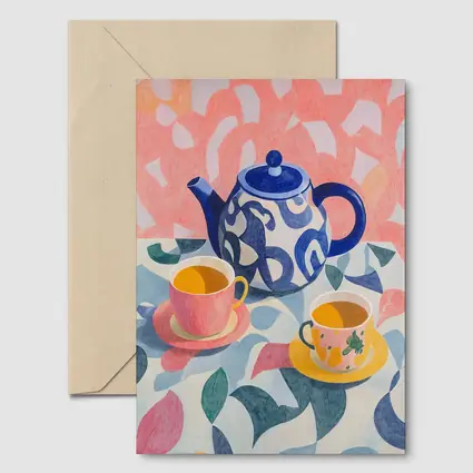 Blue Teapot And Cups Colorful Pattern Art