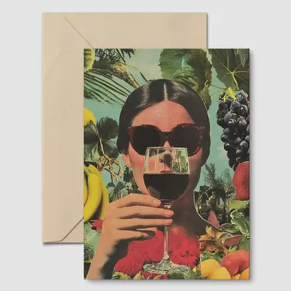 Woman With Wine Glass Fruits Collage Art
