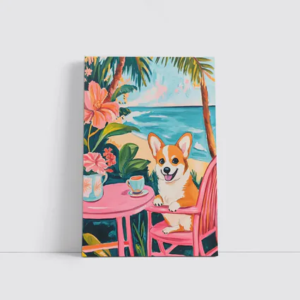 Corgi Dog Relaxing at Tropical Beach Cafe