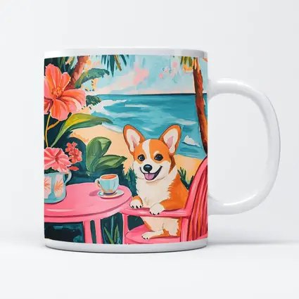 Corgi Dog Relaxing at Tropical Beach Cafe