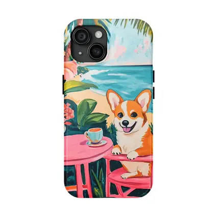 Corgi Dog Relaxing at Tropical Beach Cafe
