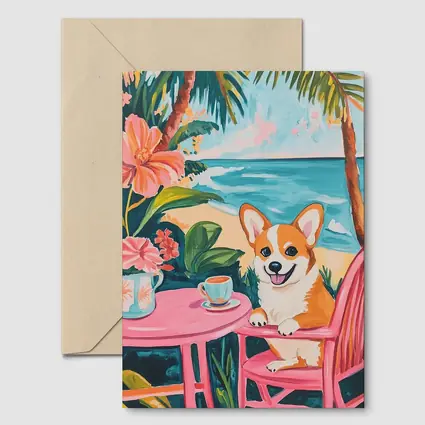 Corgi Dog Relaxing at Tropical Beach Cafe