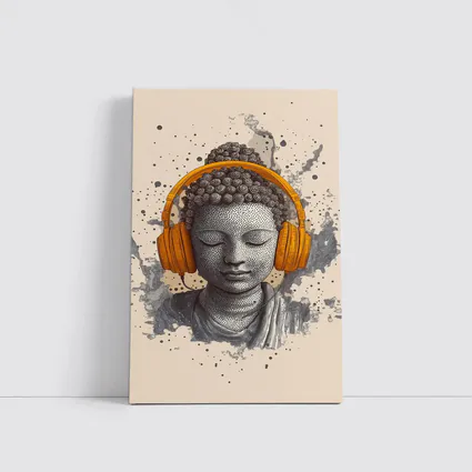 Buddha Head Wearing Orange Headphones Beige Background