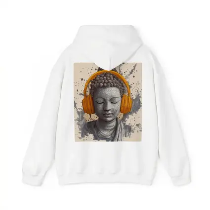 Buddha Head Wearing Orange Headphones Beige Background