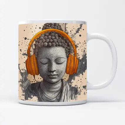 Buddha Head Wearing Orange Headphones Beige Background