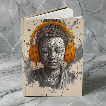 Buddha Head Wearing Orange Headphones Beige Background