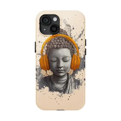 Buddha Head Wearing Orange Headphones Beige Background