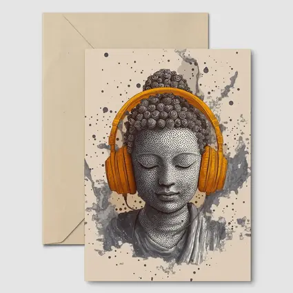 Buddha Head Wearing Orange Headphones Beige Background