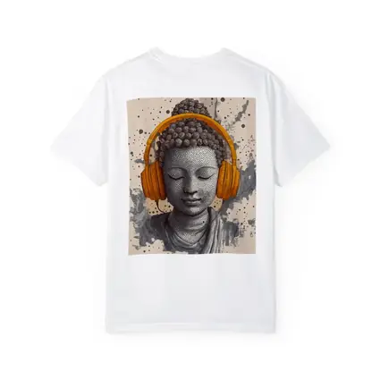 Buddha Head Wearing Orange Headphones Beige Background