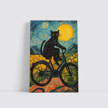 Black Cat Riding Bicycle Van Gogh Style
