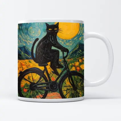 Black Cat Riding Bicycle Van Gogh Style