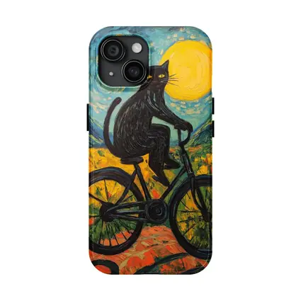 Black Cat Riding Bicycle Van Gogh Style