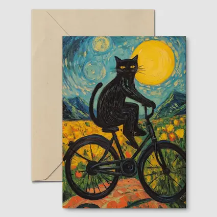 Black Cat Riding Bicycle Van Gogh Style
