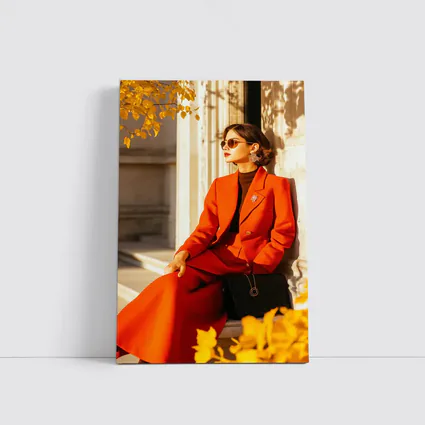 Woman Red Suit Autumn City Architecture