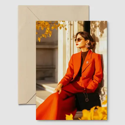 Woman Red Suit Autumn City Architecture