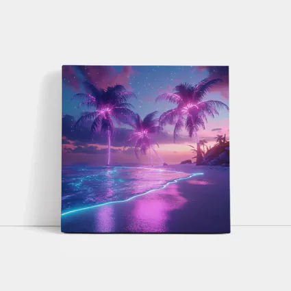 Neon Palm Trees Glowing Beach Night