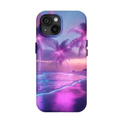 Neon Palm Trees Glowing Beach Night