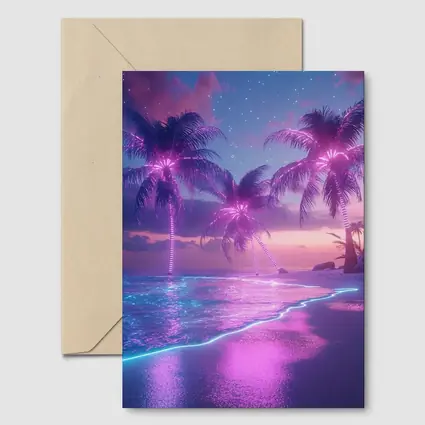 Neon Palm Trees Glowing Beach Night