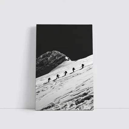 Mountaineers Climbing Snowy Peak Black White