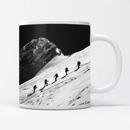 Mountaineers Climbing Snowy Peak Black White