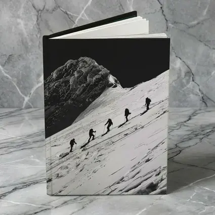 Mountaineers Climbing Snowy Peak Black White