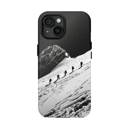 Mountaineers Climbing Snowy Peak Black White