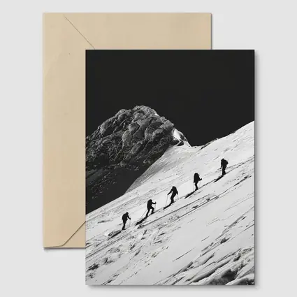 Mountaineers Climbing Snowy Peak Black White
