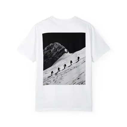 Mountaineers Climbing Snowy Peak Black White