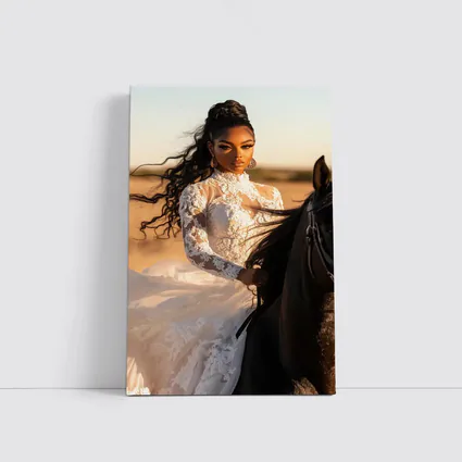 Woman in White Lace Dress Riding Horse