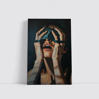 Woman Blindfolded Hands Dark Dramatic Painting