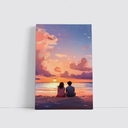 Anime Couple Sitting Beach Sunset Sky