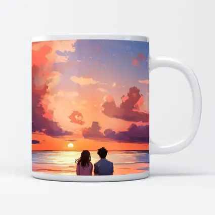 Anime Couple Sitting Beach Sunset Sky