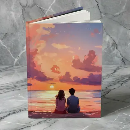 Anime Couple Sitting Beach Sunset Sky