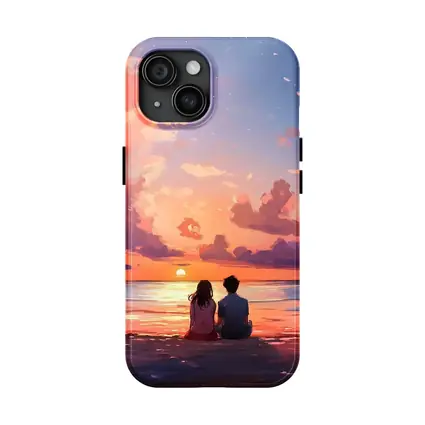 Anime Couple Sitting Beach Sunset Sky