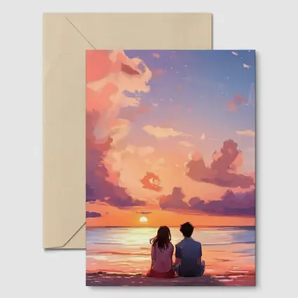 Anime Couple Sitting Beach Sunset Sky
