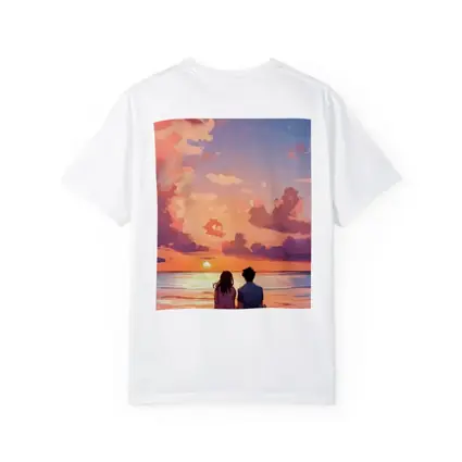 Anime Couple Sitting Beach Sunset Sky