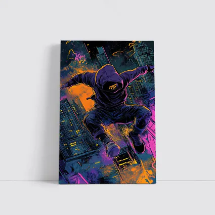 Hooded Figure Leaping Over Neon City