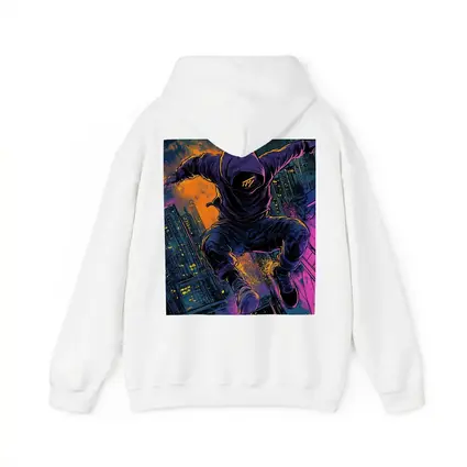 Hooded Figure Leaping Over Neon City