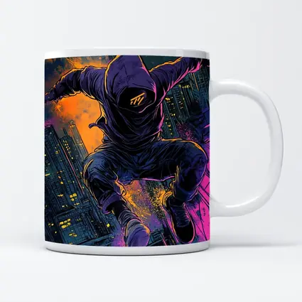 Hooded Figure Leaping Over Neon City